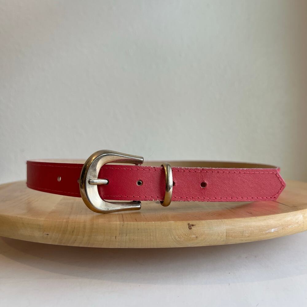 Vintage 90s Pink Vegan Leather Gold Silver Buckle Belt Size Small